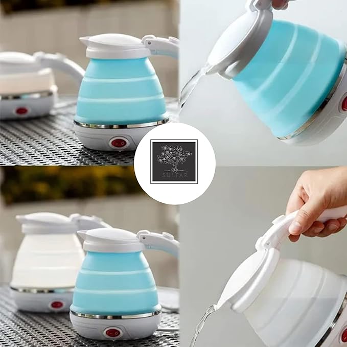 Travel Foldable Fast Boiling Portable Electric Kettle - Silicone Food Grade Boil Dry Protection 220V -600ML for Most Travel and Home & Office Use